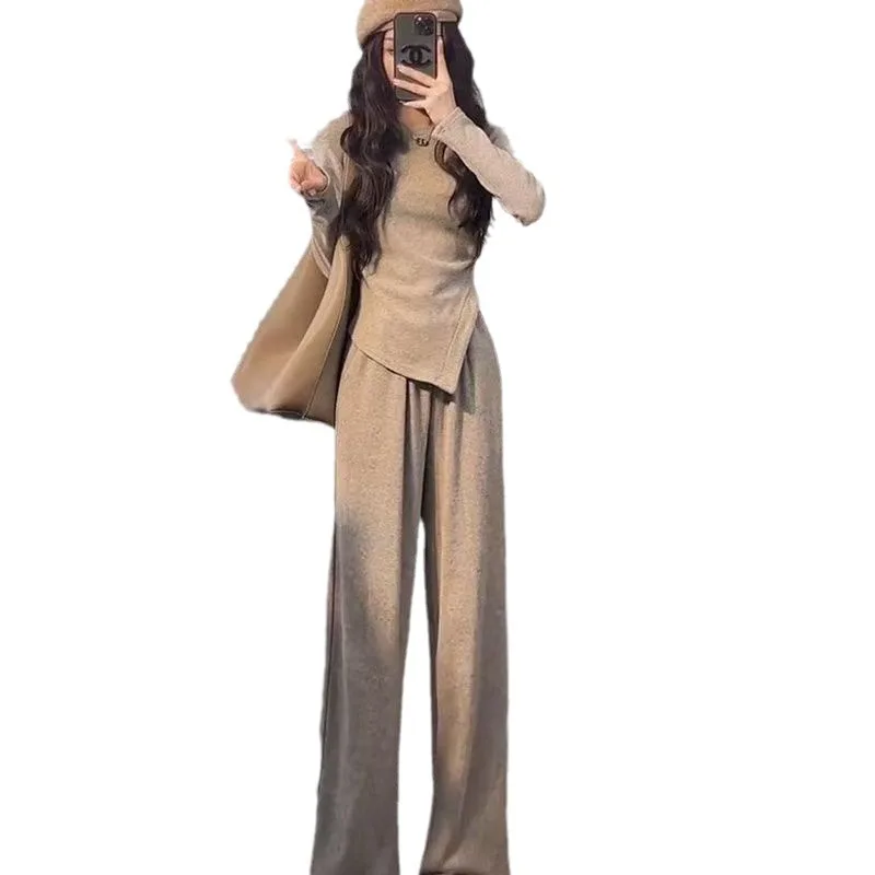 Passende Sets, weites Bein, solide Hosen-Sets in voller Länge, Trainingsanzug, Pullover, Oberteile, lange Ärmel, hohe Taille, lockere Freizeit