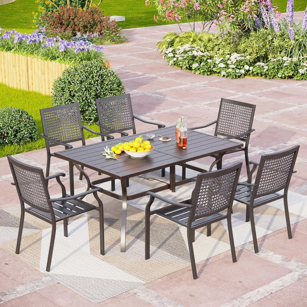 Table à manger d'extérieur pour table rectangulaire longue en fer forgé en métal de 6,60 avec trou pour parasol, grands meubles toutes saisons pour patio
