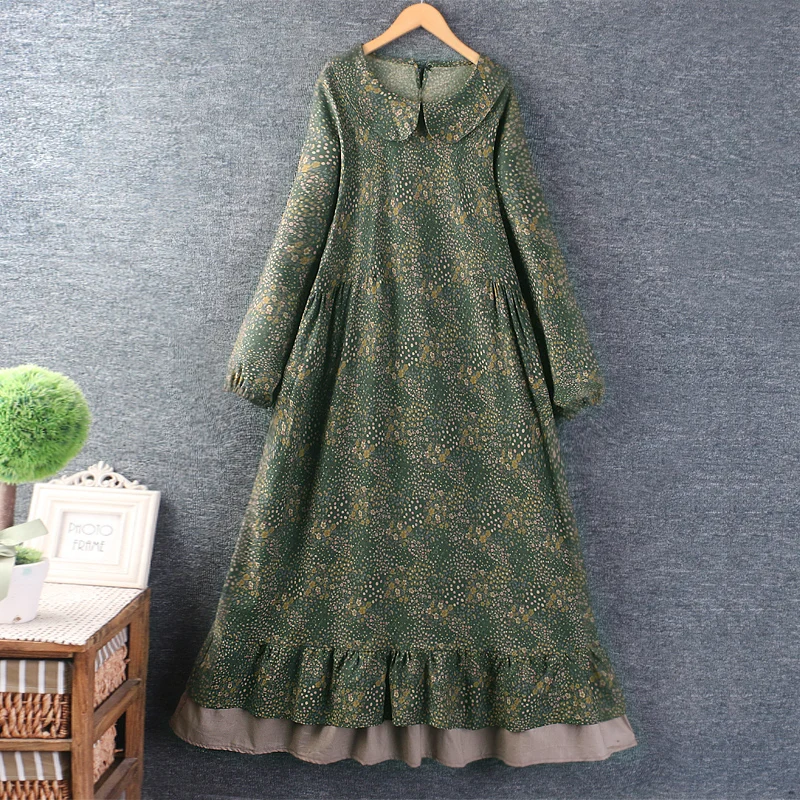 

Autumn Mori Girl Vintage Floral Print Cotton Linen Dress Women Peter Pan Collar Long Sleeve Casual Loose Ruffle Hem Midi Dresses