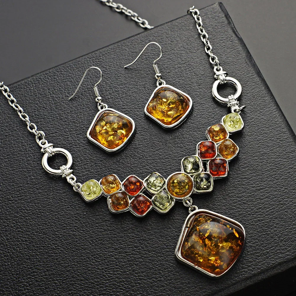 Fashion Chic Multicolor Baltic Simulated Synthetic Honey Pendant Necklaces Dangle Earring Wedding Jewelry Sets L41801D