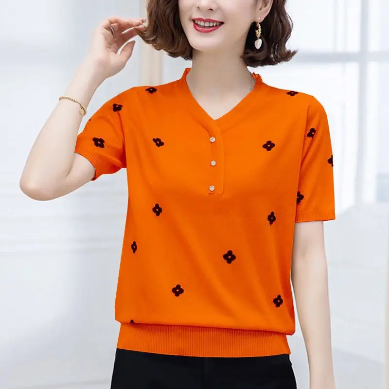 

Fashion V-Neck Spliced Button Loose Embroidery Blouse Women's Clothing 2023 Summer New Oversized Casual Pullovers Commuter Shirt