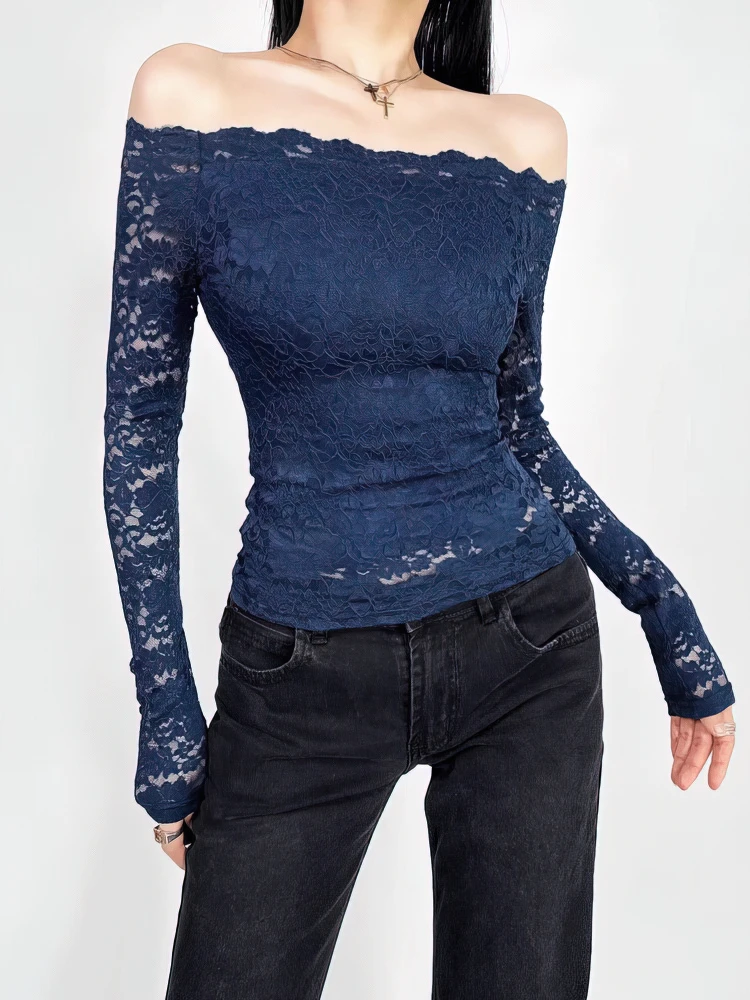 Sexy Lace Off shoulder Top Women Stretch Full Lace Hollow out Basic Long sleeve T-shirt Lady Slim Mesh Blouse Feamle Tee