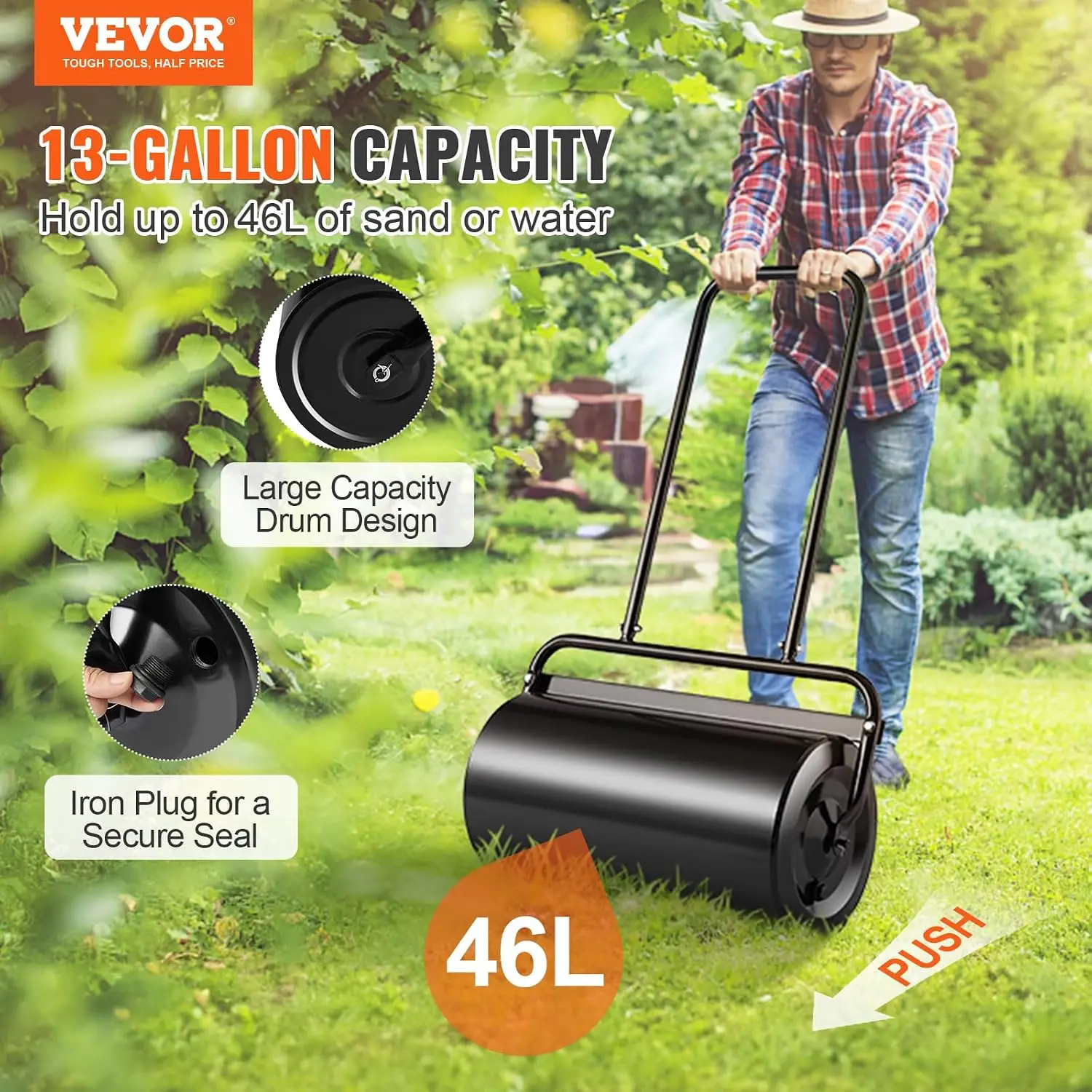 Lawn Roller 13 Gallon Large Capacity Sand/Water Filled, Heavy Duty Steel Material, with Easy-Turn Plug and U-Shaped Ergonomic Ha