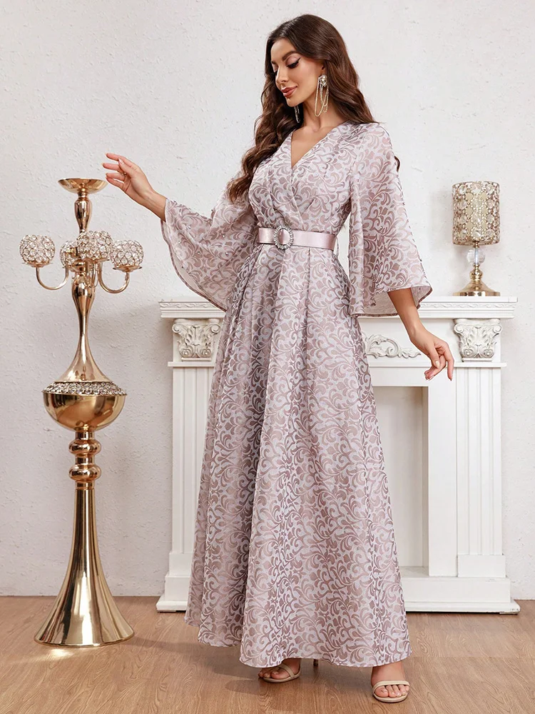 TOLEEN-Women Flare Sleeve Belted Wrap Dress, Long Dresses, All Over Print, Luxury, Elegant, Arabian Party, Evening, Summer, 2024