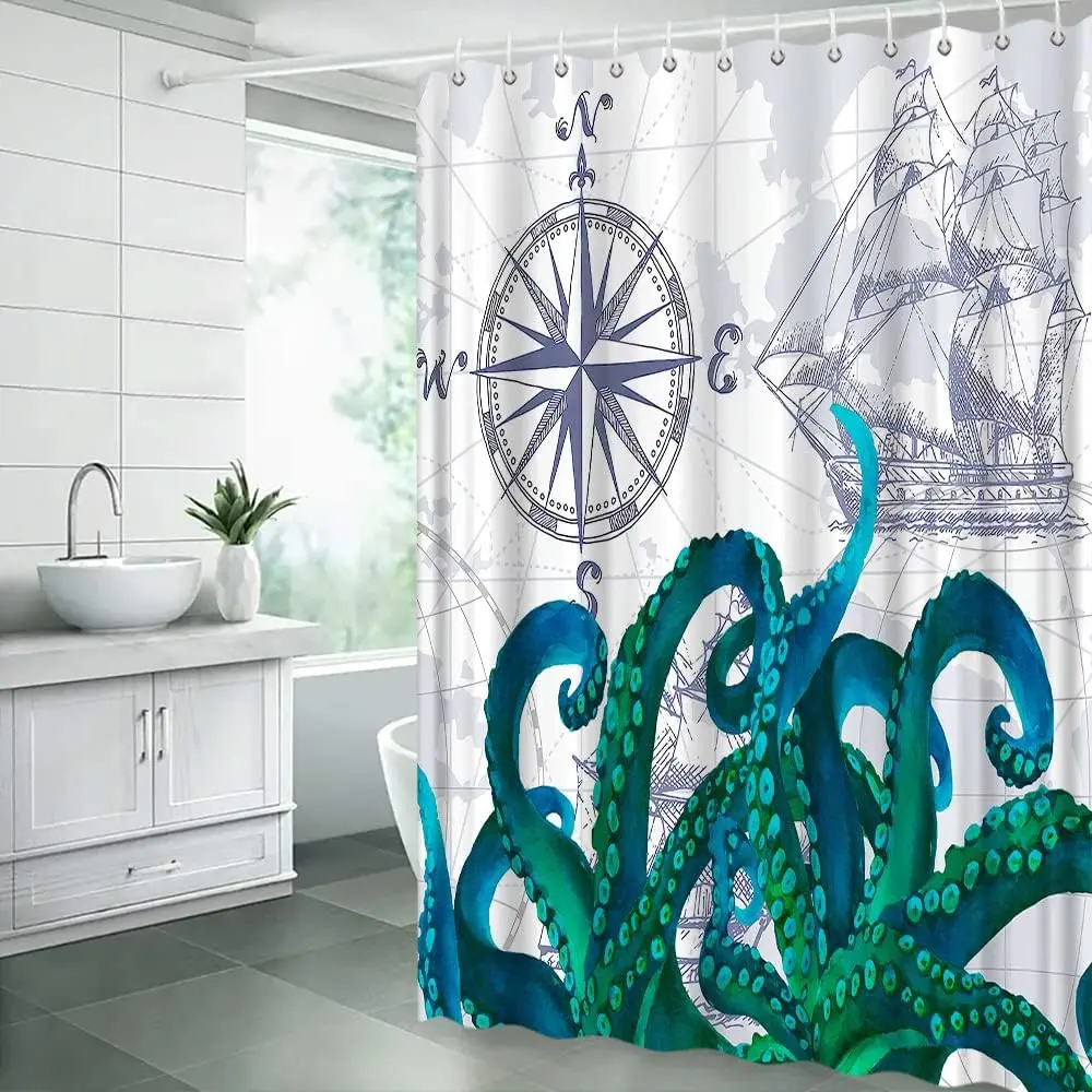 

Blue Octopus Shower Curtain Ocean Animal Kraken Octopus Tropical Fish Seashell Nautical Underwater Marine Life Bathroom Curtains