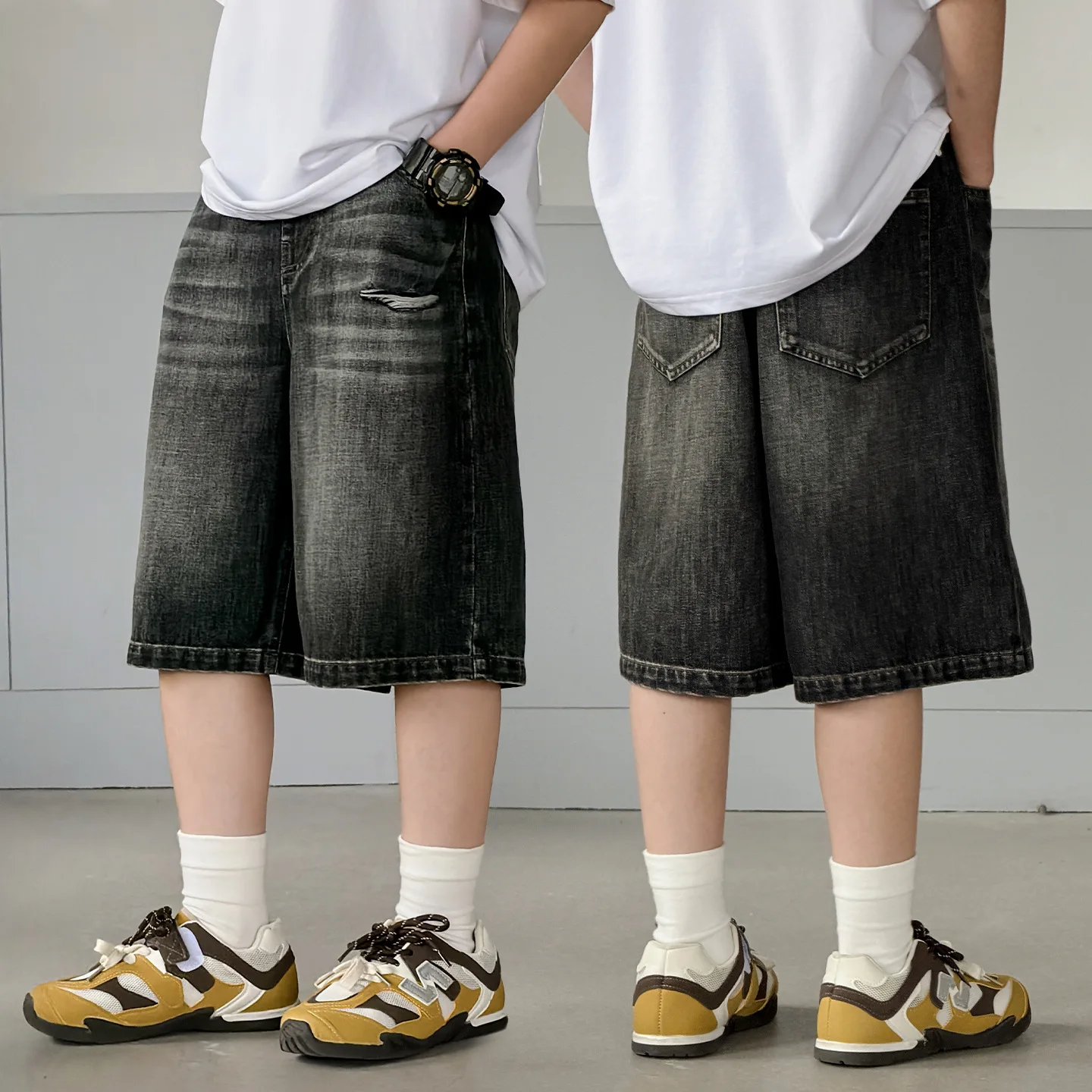 Teens Boys Vintage Distressed Ripped Jeans Shorts Summer Fashion Street Style Loose Five-point Casual Denim Pants
