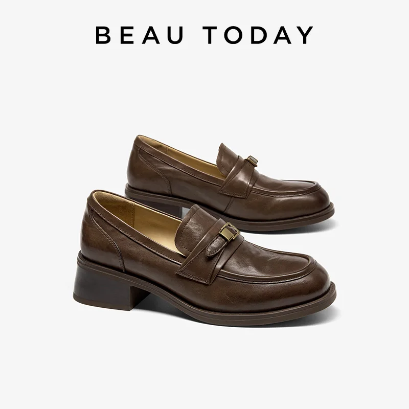 

Классические лоферы BEAUTODAY, женские туфли из коровьей кожи, однотонные, с круглым носком, с металлической пряжкой, на плоской подошве, женская обувь ручной работы 26466