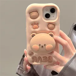 Cute Brown Bear Hidden Holder 3D Soft Silicone Phone Case For iPhone 15 14 13 12 11 Pro Max Cartoon Anti-drop Shockproof Cover