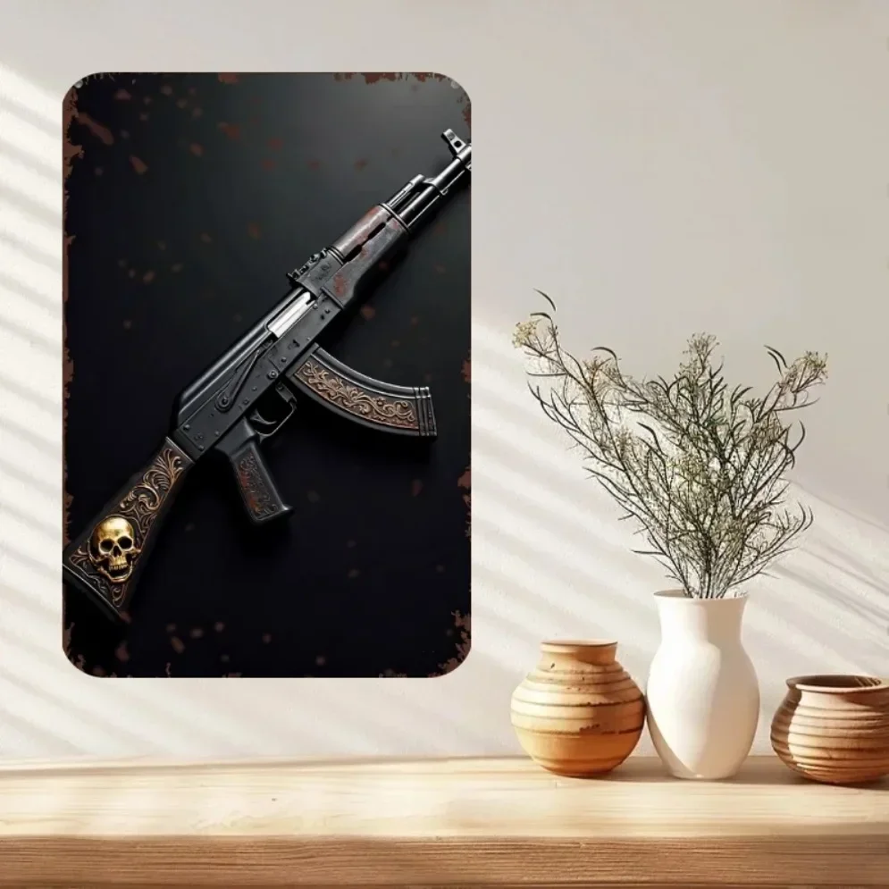 Vintage Skull Decor AK Rifle Tin Sign 2D Metal Wall Art for Gun Enthusiasts Man Cave Bar Garage Retro Decorative Poster