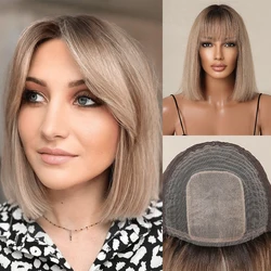 100% Remy Human Hair Bob Wigs Brown Ombre Human Hair Wig with Bangs 10inches Straight Bob Hair for White Women Wigs without Glue