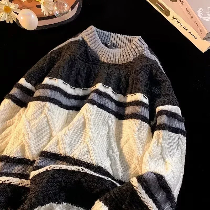 

Зимний Y2K винтажный полосатый свитер для мужчин, новинка 2025, лоскутные мешковатые вязаные пуловеры, корейская модная уличная одежда, трикотаж