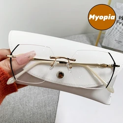 Fashion Blue Light Blocking Near Sight Glasses Rimless Diamond Cutting Optical Prescription Shortsighted Eyewear Diopter 0~-4.0