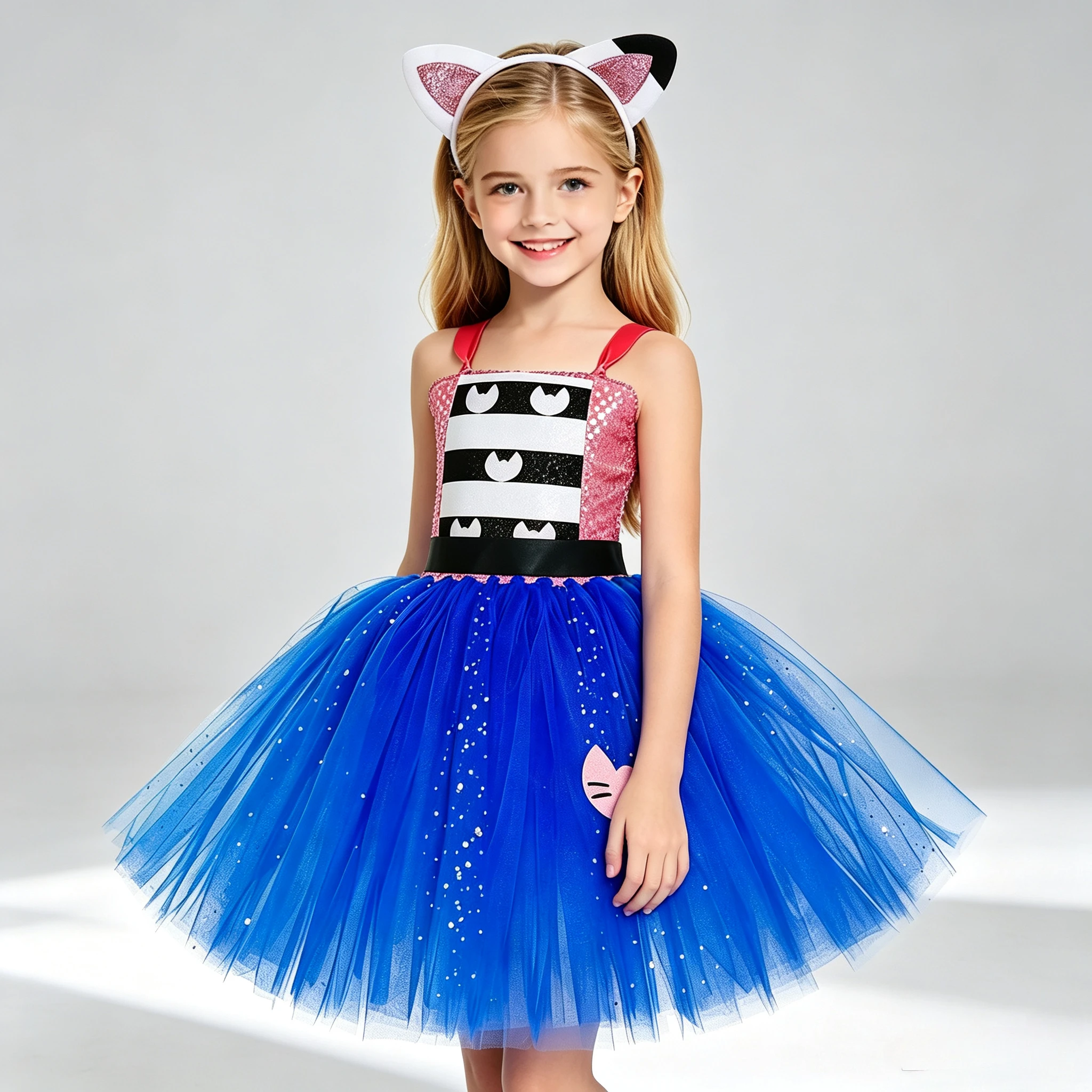 Girls Sparkly Striped Cat Tutu Dress Blue Glitter Mesh Cartoon Kitty Costume Kids Birthday Animal Fancy Outfit With Ear Bow Set