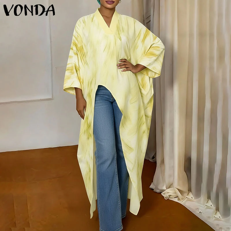 

Женские длинные блузки VONDA с принтом, летние и весенние топы, женские футболки больших размеров, блузка с асимметричным подолом, V-образный вырез, уличная одежда