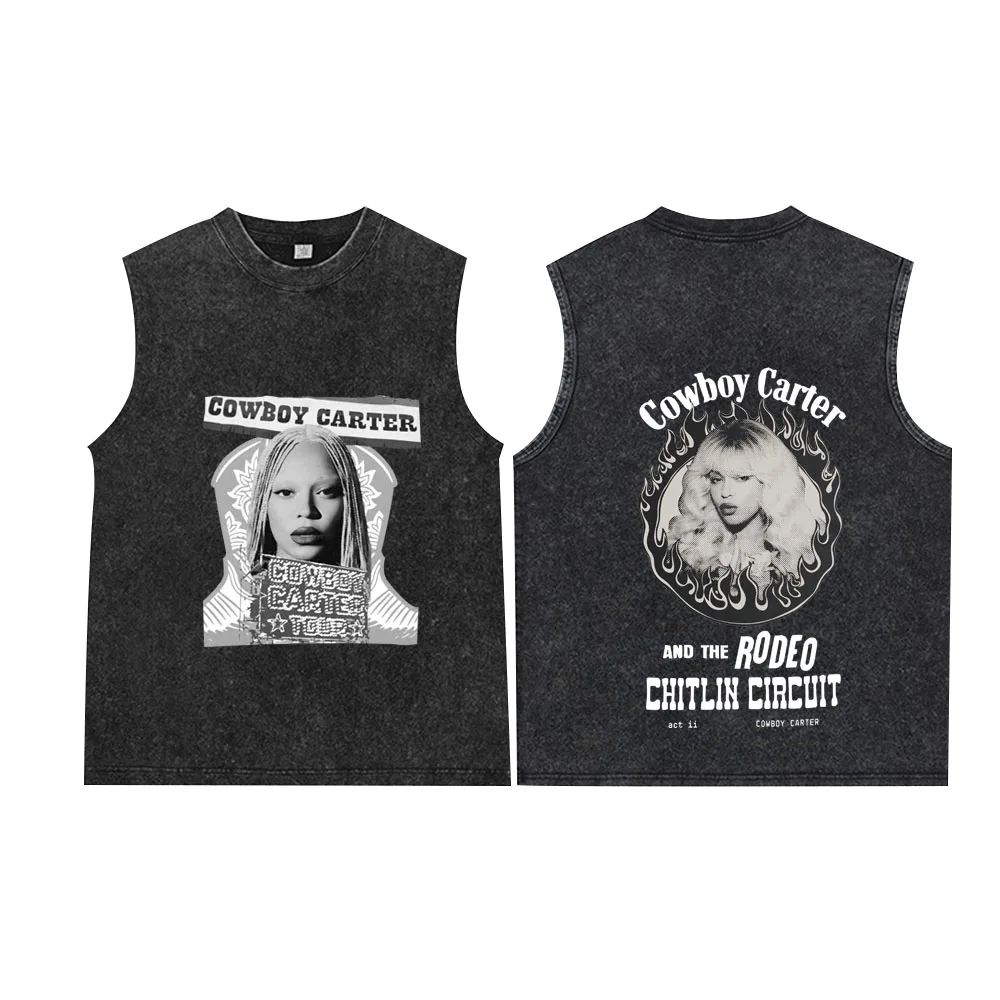 سترة رجالية كلاسيكية معدنية سوداء مغسولة لصيف 2025 تي شيرت نسائي كبير الحجم بدون أكمام برقبة دائرية ملابس فضفاضة Y2k