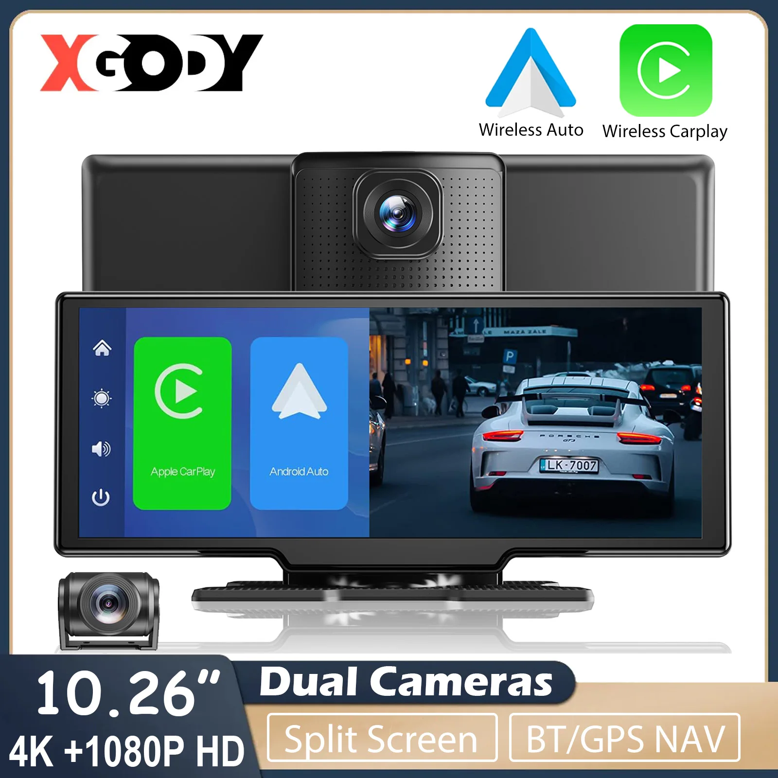 

XGODY 4K 10.26" Wireless CarPlay Dash Cam Driver Recorder Night Vision 24H Parking Monitor Built-in GPS WiFi Car DVR G-sensor