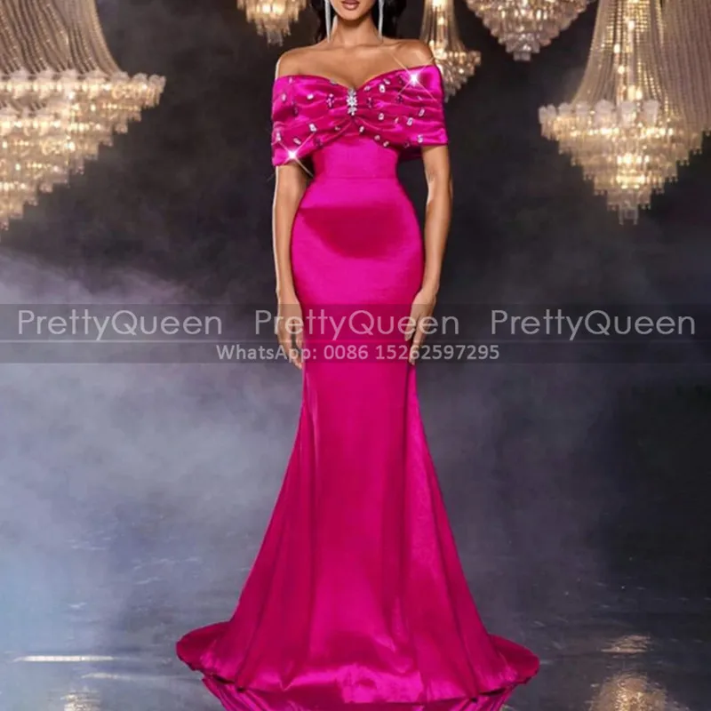 

Bling Beaded Bridesmaid Dresses Long Mermaid Off Shoulder Customized Sheath Short Sleeves Hot Pink Wedding Party Dress
