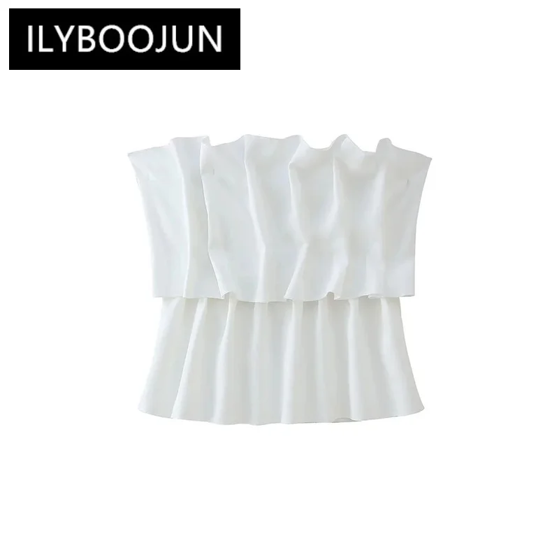 

ILYBOOJUN Solid Spliced Folds Elegant Vests For Women Strapless Sleeveless Minimalist Temperament Top Female Fashion Style