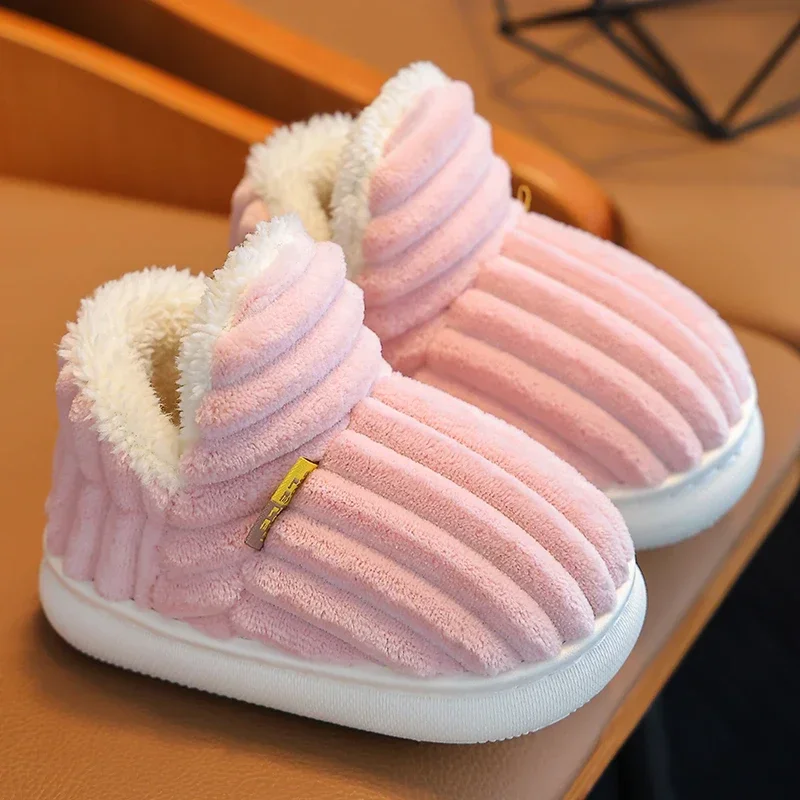Nieuwe Winter Beknopte Streep Pluche Slippers Kinderen Antislip Zachte Zool Kinderen Jongens Meisjes Hak Wrap Warme Hoge Thuis katoenen Schoenen