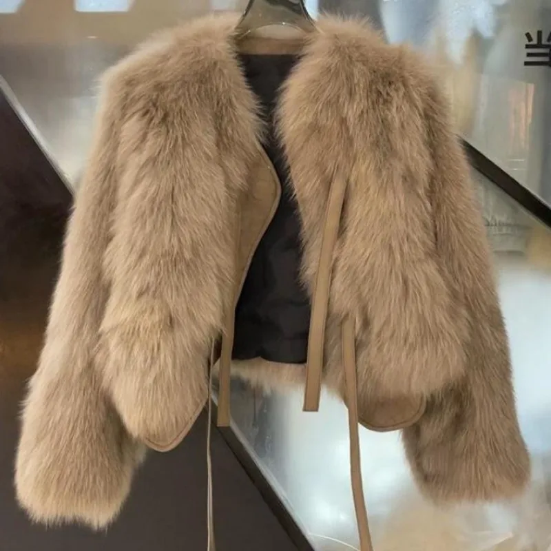 Autumn Winter Imitation Fox Fur Coat 2026 New Solid Color Round Neck Lace-Up Designs Top Loose Fashion Women's Short Jacket Coat