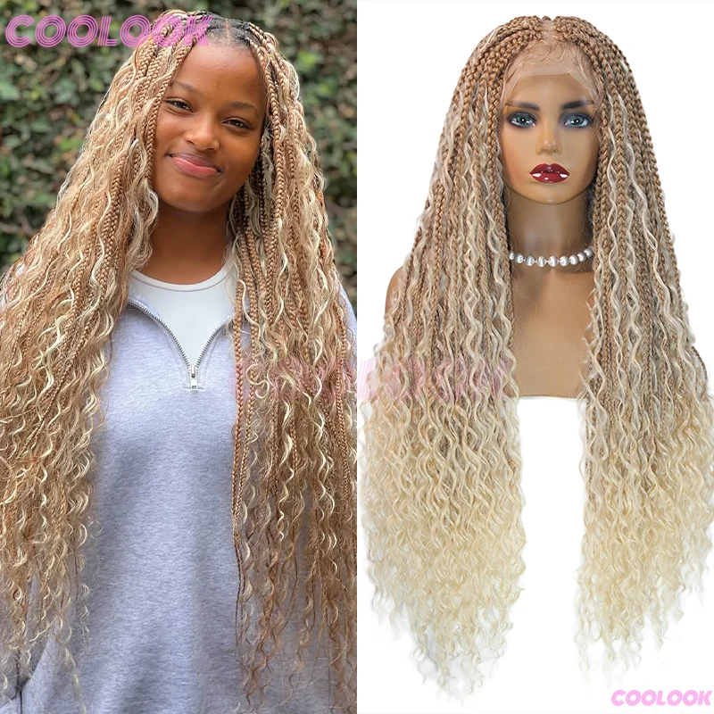 32 "perucas dianteiras de renda sintética para mulheres boho tranças perucas de renda sem nós caixa tranças peruca marrom africana