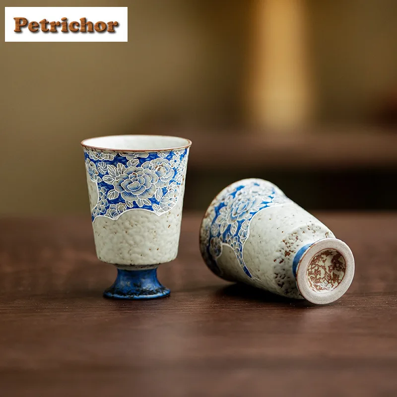 

40ml Blue Peony High Foot Teacup Boutique Tea Bowl Water Jug Tea-tasting Meditation Cup Chazhan Master Cups Tableware Ornaments