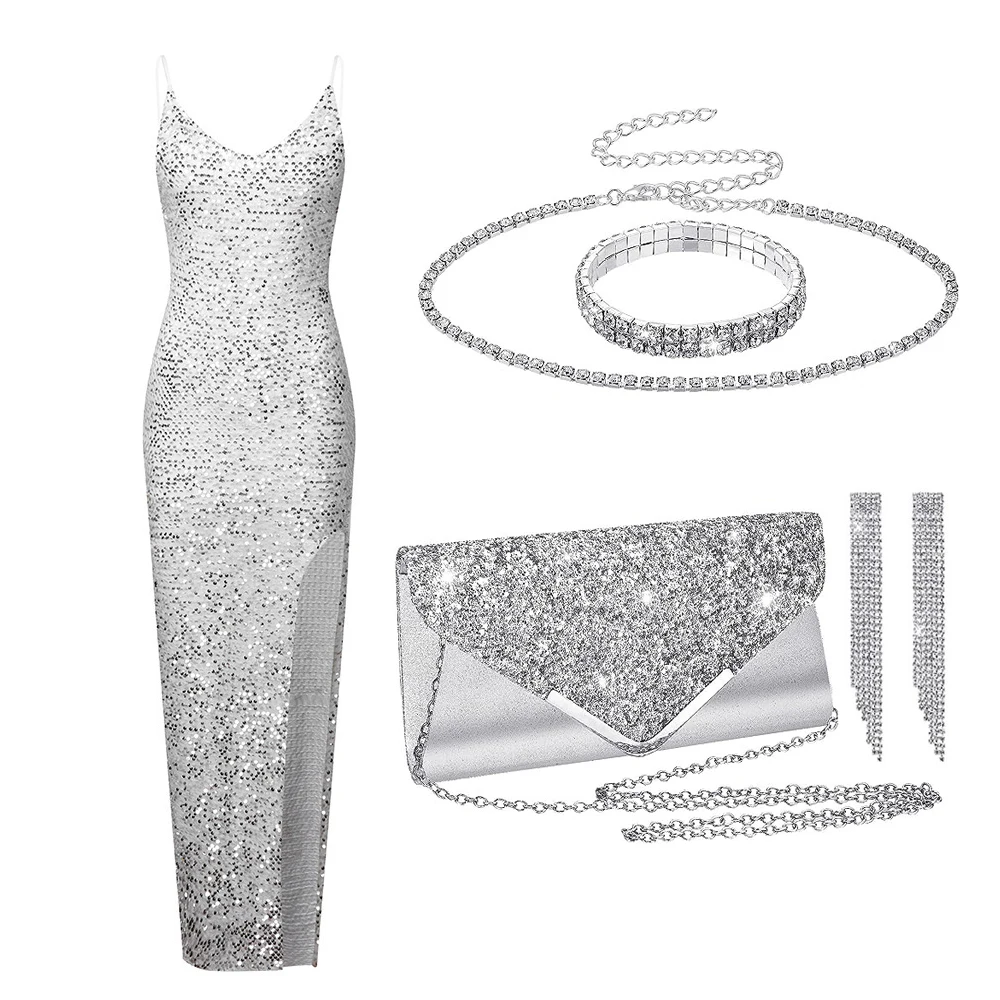 Women Sequin Dress Clutch Purse Jewelry Set Necklace And Earring Sets Bracelet Ring Clutch Bag for Evening Wedding Party