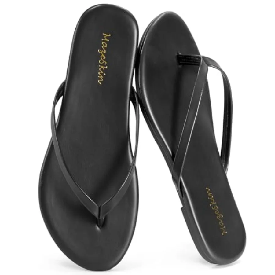 Sandalias planas de espuma viscoelástica Mazeskin para mujer, sandalias tipo thong, de cuero vegano suave, cómodas, acolchadas, informales, elegantes, para la playa, verano, talla M