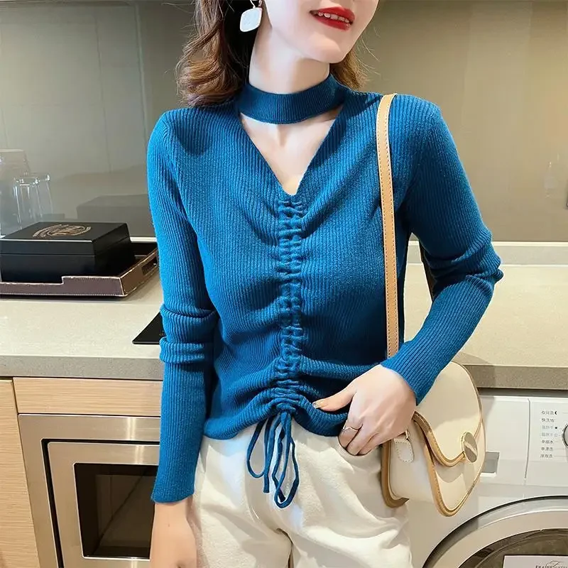 Winter Halter Hollow Out Slim Sweater Female Sexy Fashion Shirring Lace Up Knitting Top Women Casual All-match Jumpers PH198