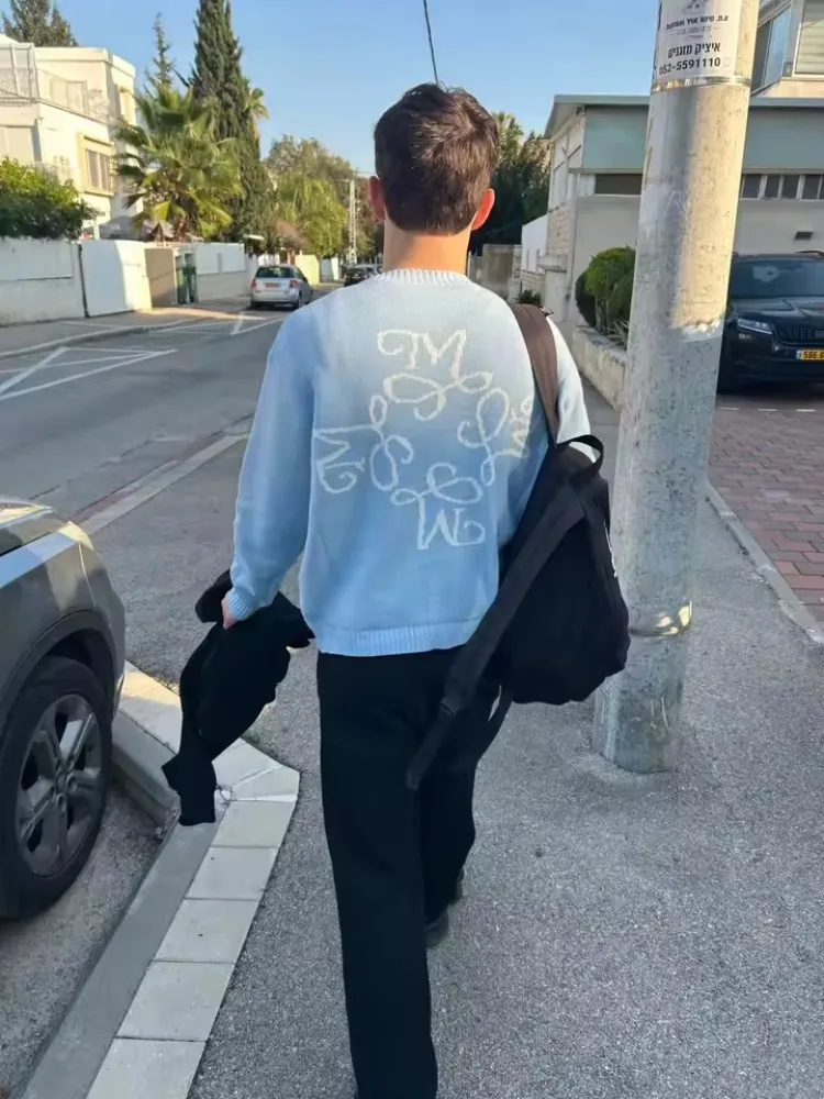 Round Neck Oversized Men Full Sleeve Sweater M Logo Pattern Y2k Gothic Knitted Loose Pullover Daily Street Commute Outfits