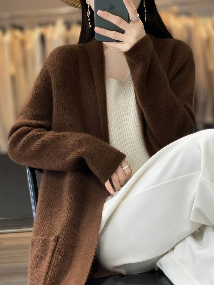 Hot Sale New Spring Autumn Winter Women Cardigan 100% Merino Wool Knitted Sweater Solid Color Loose Soft Fashion Female Coat