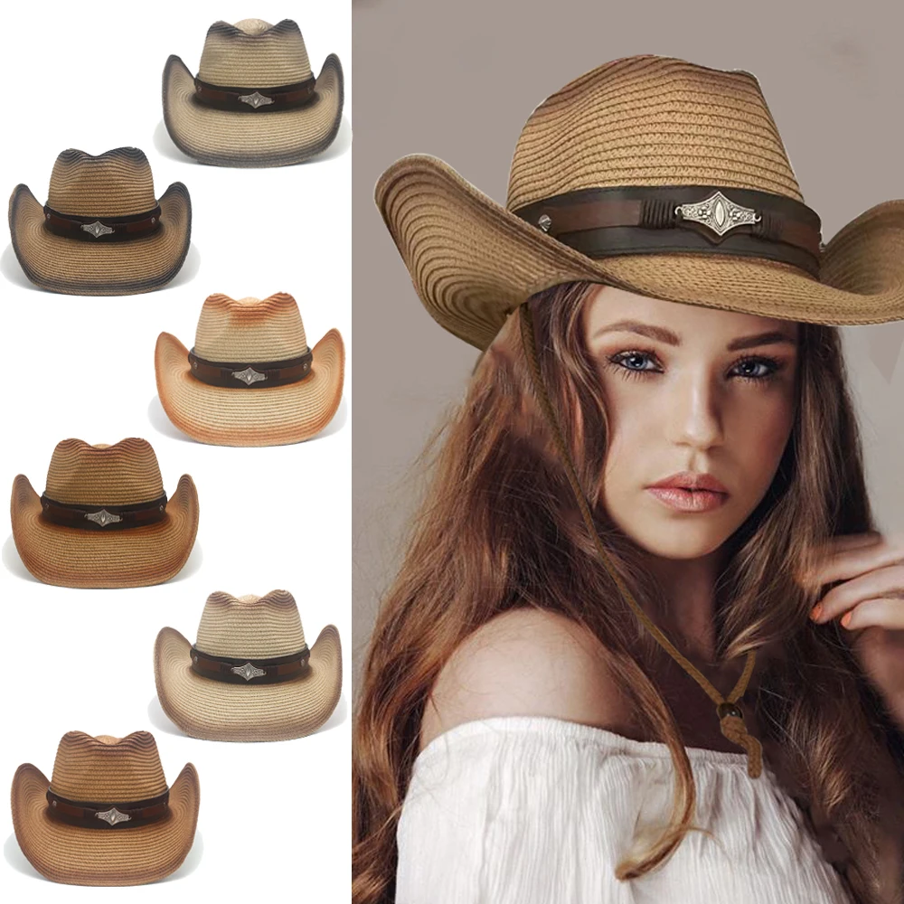 

Men Women Soft Straw Western Cowboy Hats Wide Brim Sunhat Party Travel Outdoor Caps Classical Retro Sombrero UK Size L US 7 1/4