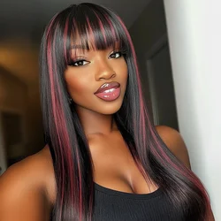 Lekker Long Highlight Burg Red Straight 100% Human Hair Wigs With Bangs For Women Brazilian Remy Hair Full Machine Made Wigs