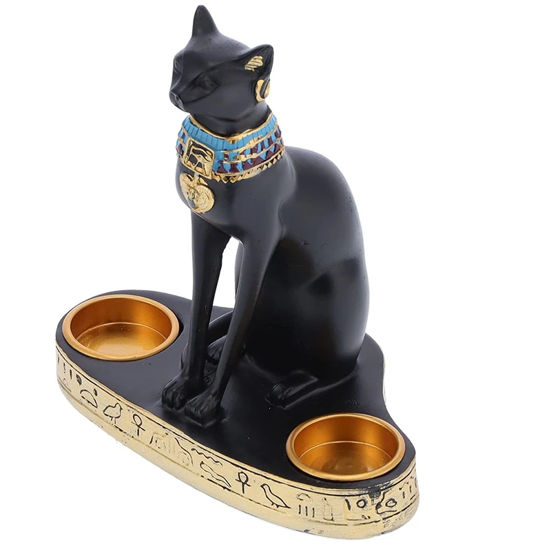 Ancient Egypt Egyptian Bastet Cat Goddess Statue Collectible Figurine Bastet Cat Sculpture with 2 Tea Light Candle Holder