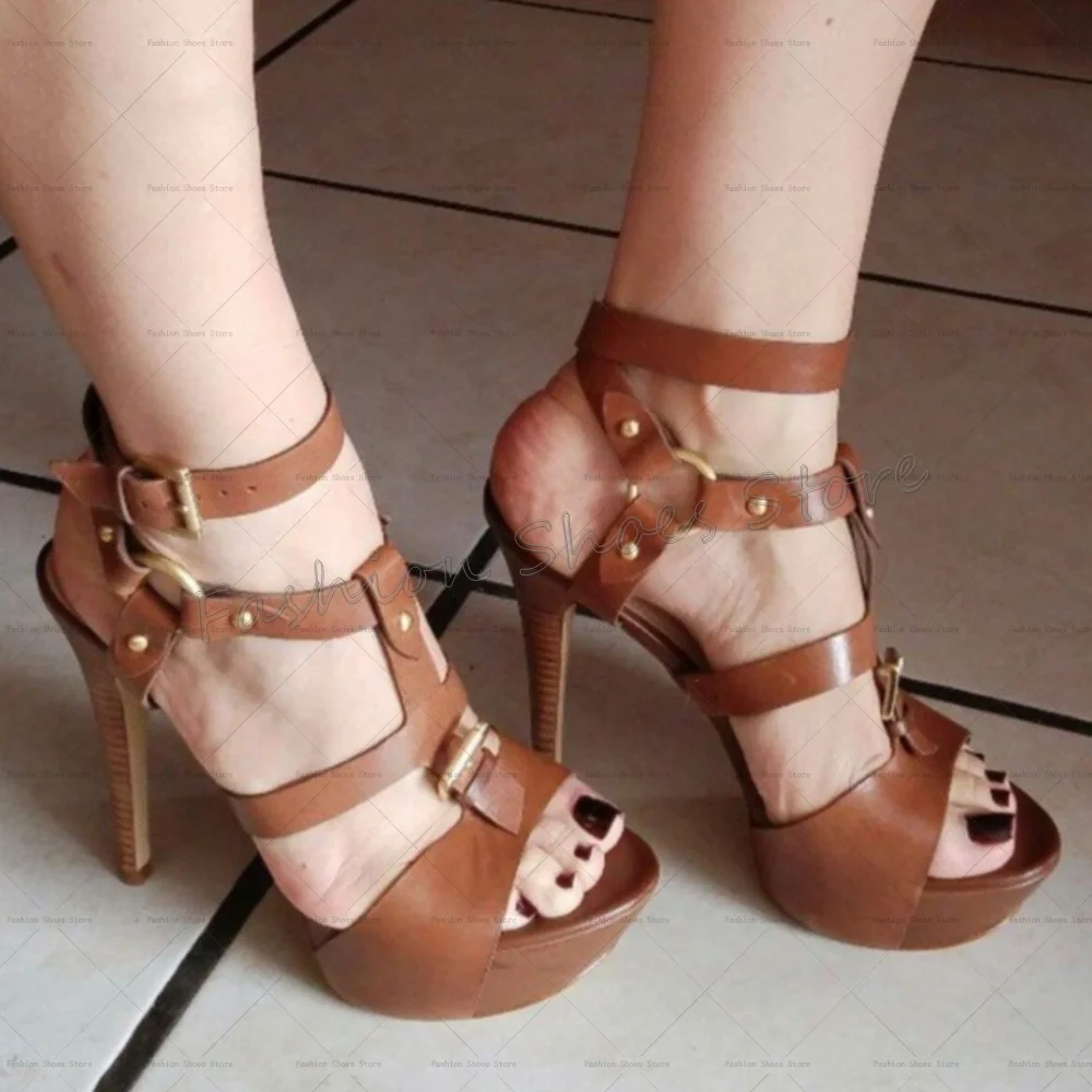

Brown Buckle Decor Platform Sandals Matte Leather Peep Toe Women Shoes Thin High Heels Party Banquet Dating 2025 Zapatos Para Mu