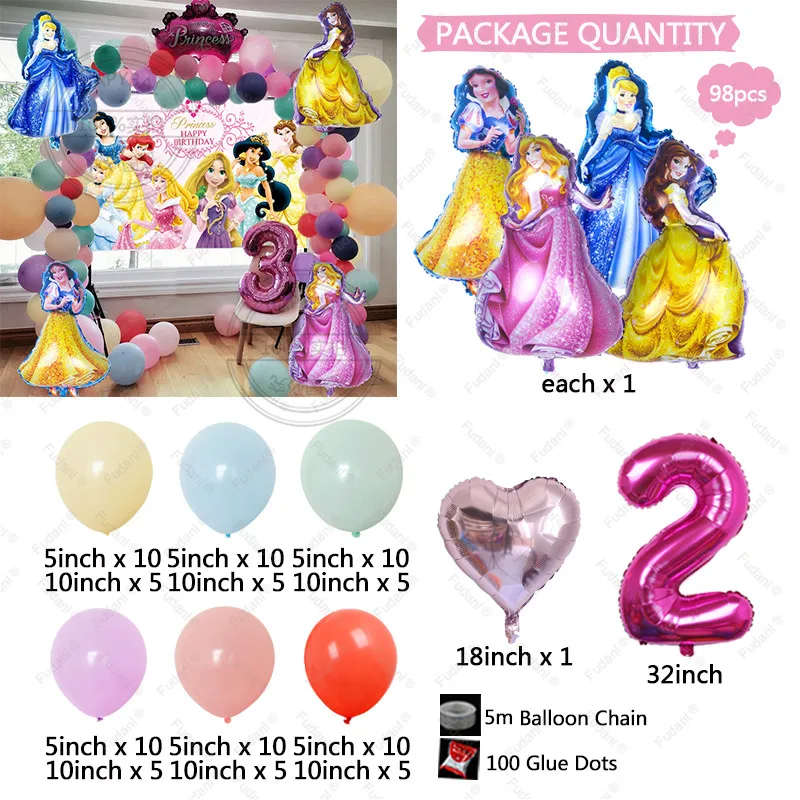 98pcs Disney Princess Foil Balloons Garland Arch Kit For Kids Birthday Baby Shower Party Decorations Girls Favors Rainbow Color