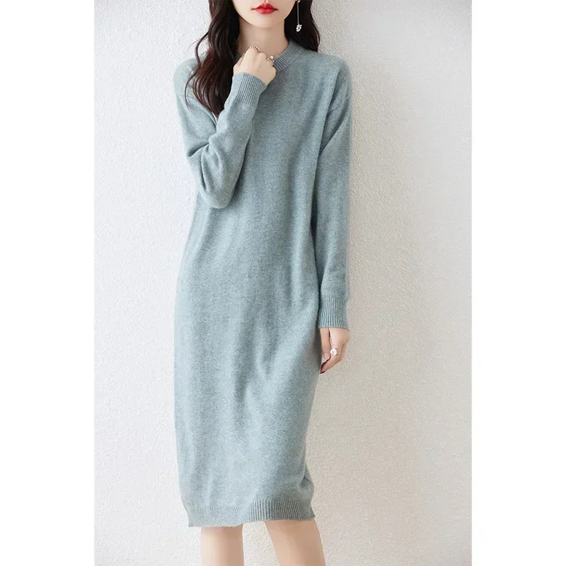 

Hot Sale Women 100% Merino Wool Sweater Dress 2023 Autumn/Winter New Female O-Neck Warm Dresses Casual Basic Knitted Pullover