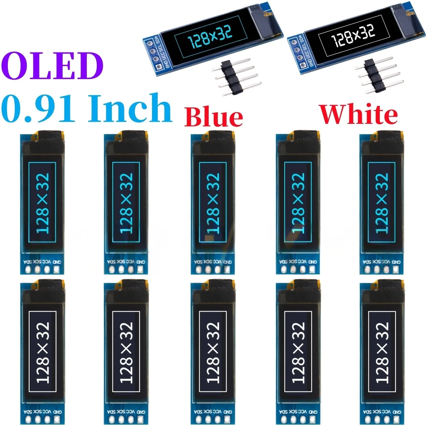 

1-20 Peças 0.91 Polegada 128x32 Iic I2c Azul/branco Display Lcd Oled Módulo Diy Ssd1306 Driver Ic Dc 3.3v 5v Para Arduino Xcw