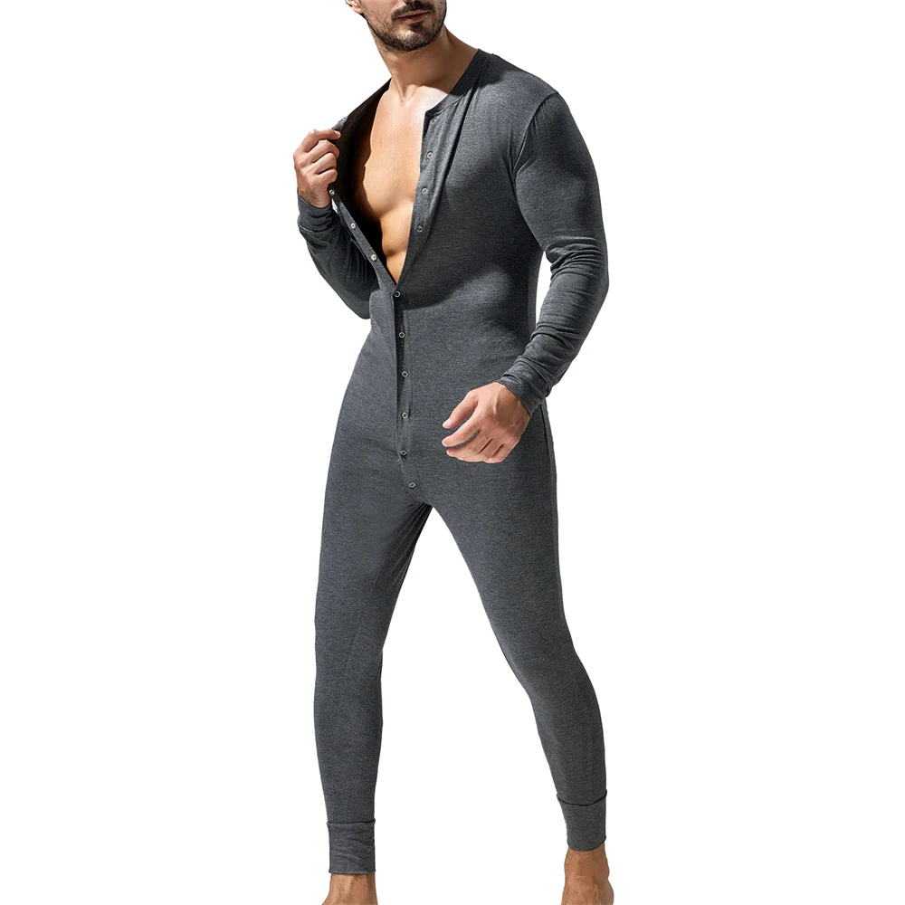 Mens Jumpsuit Solid One-piece Pajamas Lounge Homewear Long Sleeve Comfortable Male Sleepwear Button-up Leisure Rompers Nightwear