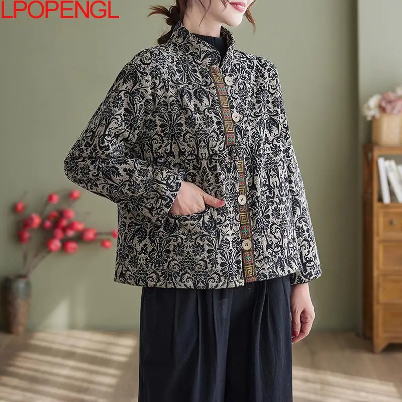 Chinesischen Stil Retro Baumwolle Und Leinen Druck Plus Samt Dicke Baumwolle Mantel frauen Winter Warm Ständer Kragen Einreiher top