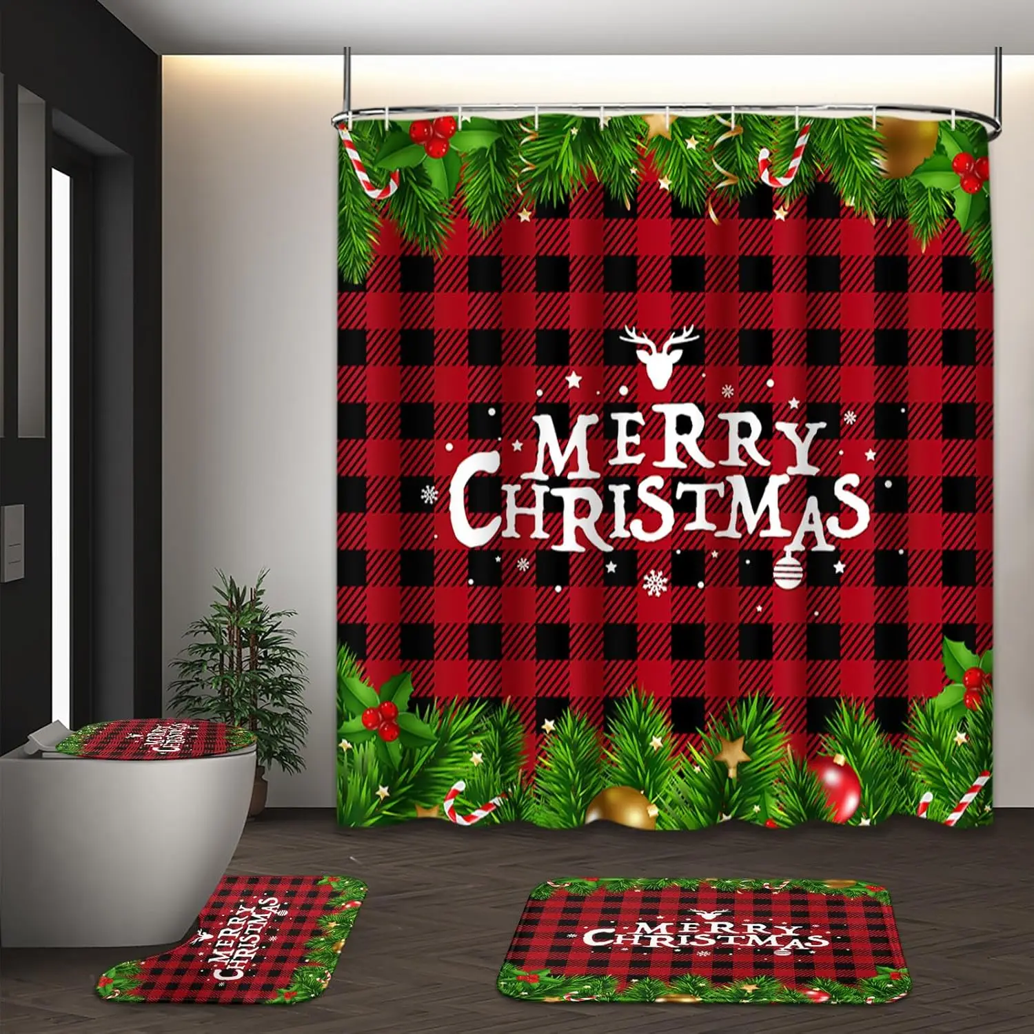 

Рождественский комплект занавесок для душа с крышкой унитаза и нескользящими ковриками, набор ковриков для ванной комнаты Xmas Tree Red Buffalo Grid, 4 шт., зима