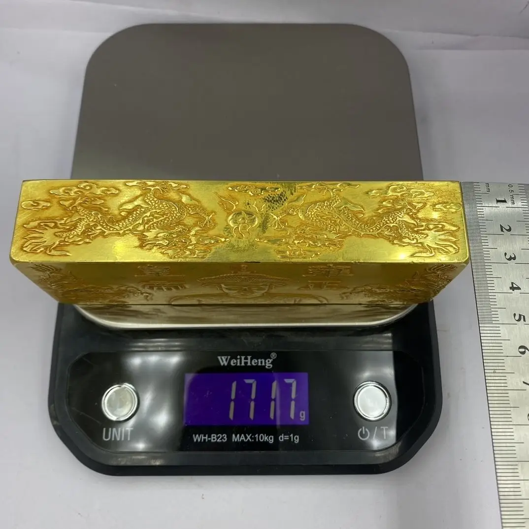 Antiques Qing Dynasty gilt, coins, gold ingots, five emperors, double dragons, fifty taels of gold bars, gold brick carvings