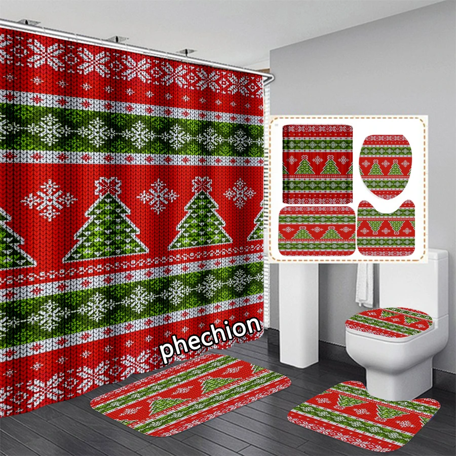 phechion New 3D Print Christmas Pattern Shower Curtain Waterproof Bathroom Curtain Anti-slip Bath Mat Set Toilet Rugs VR236