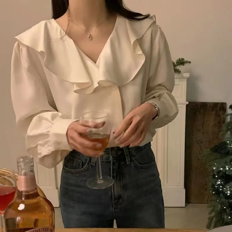 Spring Long Sleeve Women Blouse Office Lady Elegant Ruffled V-neck Shirt Casual Loose Tops Fashion Autumn