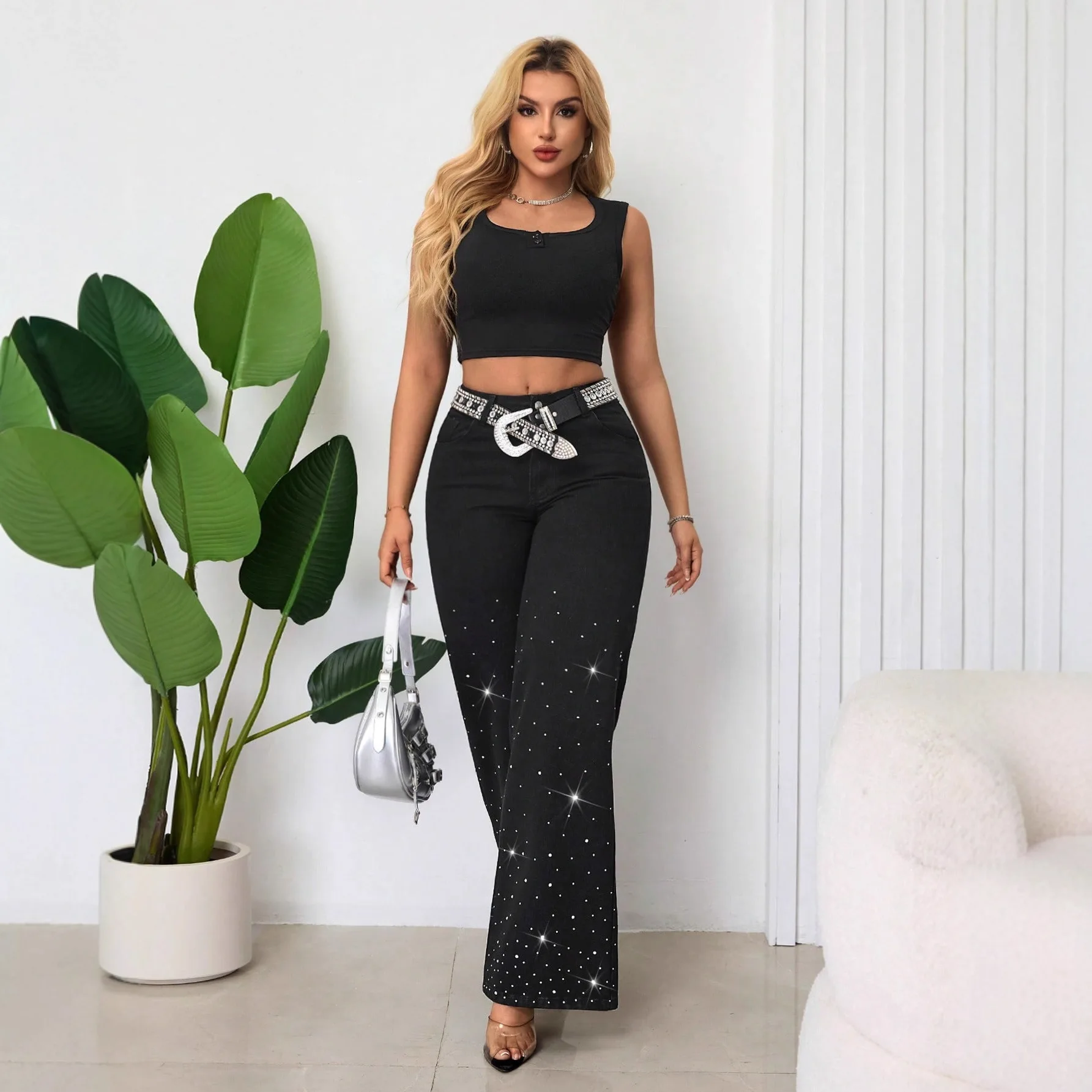 Jeans larghi a gamba larga larghi con diamanti caldi sexy delle nuove donne autunnali Jeans larghi