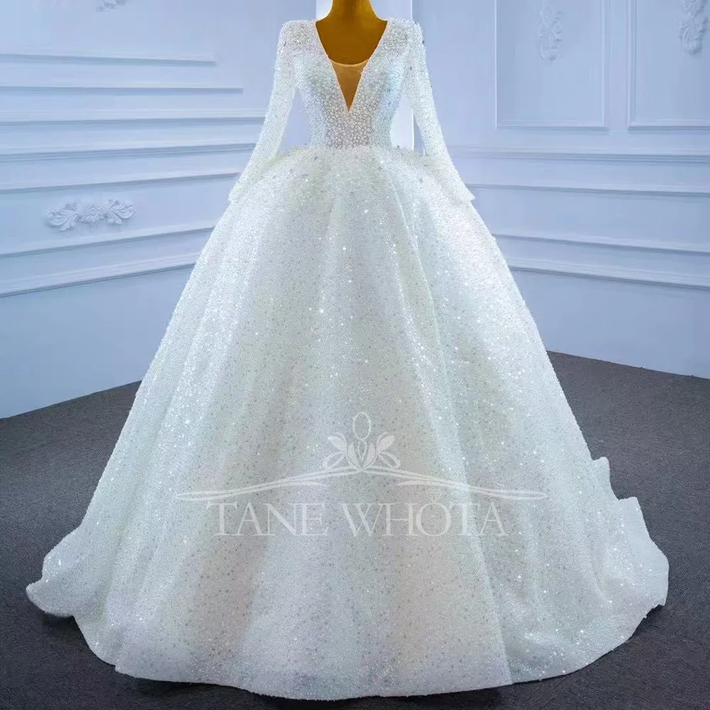 

Luxury White Wedding Dress V-Neck Long Sleeves Lace-Up Back Sequins Beading Ball Gown Customized Vow to Eternity Collection