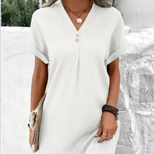 T-shirt ampia da donna Abito da donna con scollo a V Manica corta Beach Baggy Solid Sundress Abbigliamento taglie forti 2025