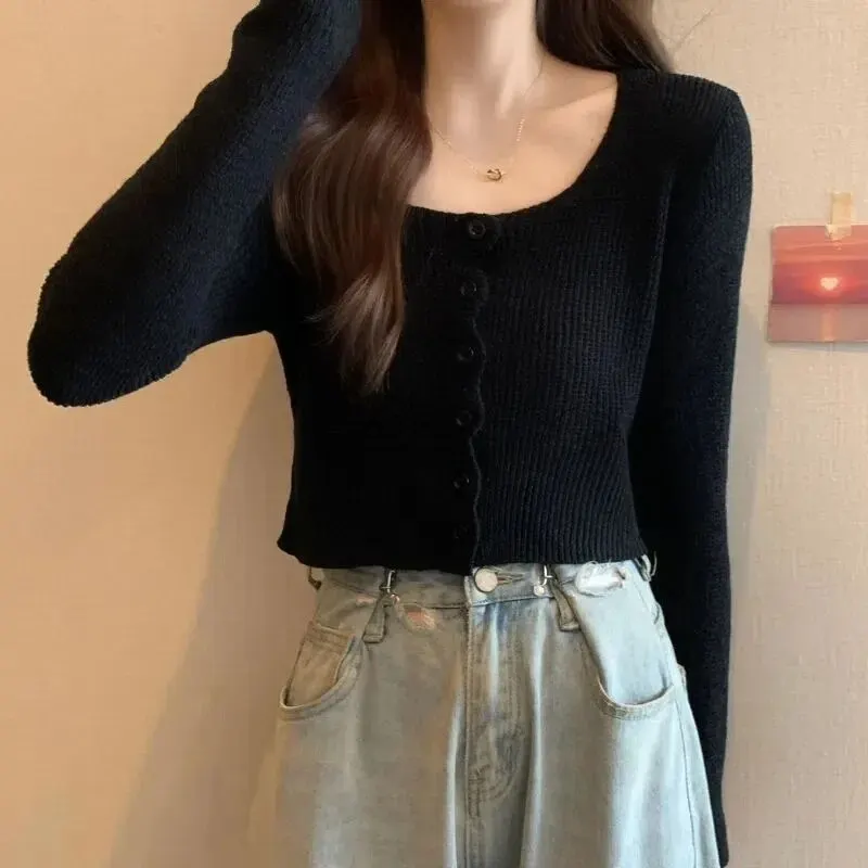 Pure Desire Aesthetic Chic Elegant Square Collar Knitted Top For Women Slimming Cropped Long Sleeve Top For Spring Autumn