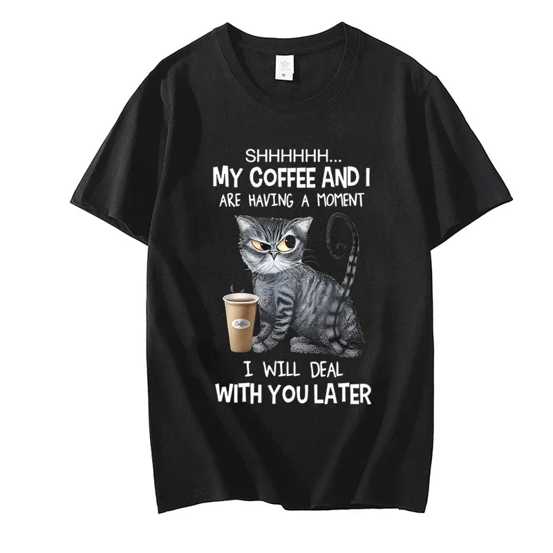 Coffee Cat Print Women Clothes Angry Cat Lover Female Tops Tee Tshirt Fashion Anime Cartoon Tees Ladies Graphic T-Shirt Y2k Tops