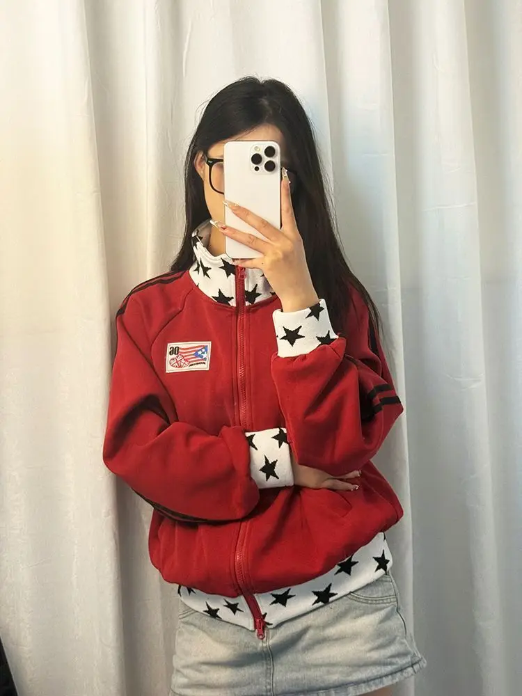 

Retro American Spicy Girl Double Zipper Stand Collar Jaet Women's Loose Sweatirt Design Autumn Winter New Sle Cotton Blend